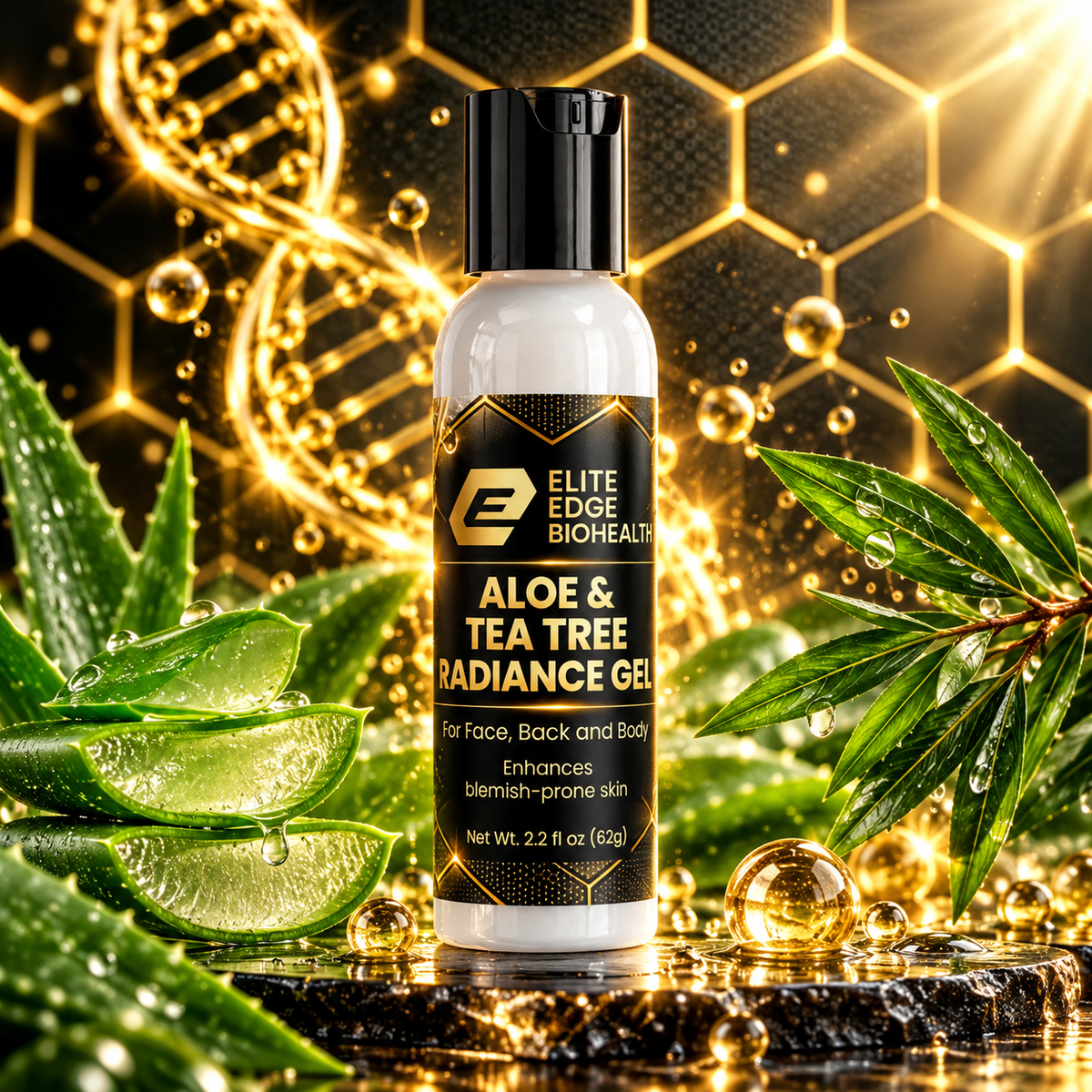 Aloe & Tea Tree Radiance Gel — Clarifying & Hydrating Formula with Aloe Vera, Tea Tree & Cucumber Extract | Redness Relief, Blemish Care & Skin Balance | Elite Edge Health