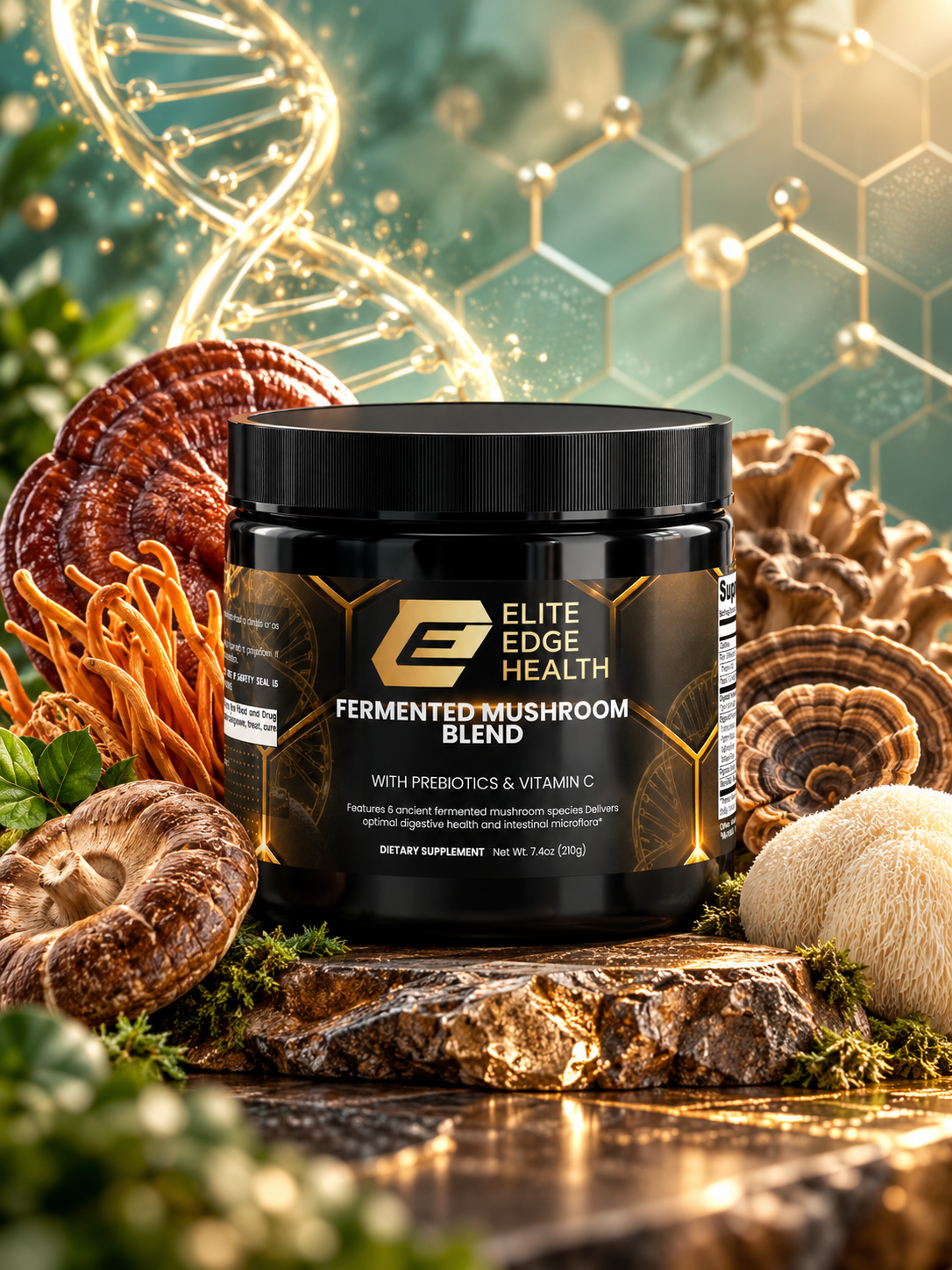 Fermented Mushroom Blend — 6-Mushroom Organic Immune & Gut Support Powder | Reishi, Cordyceps, Turkey Tail, Shiitake, Maitake & Royal Sun Agaricus | Fermented for Maximum Absorption | Elite Edge Health