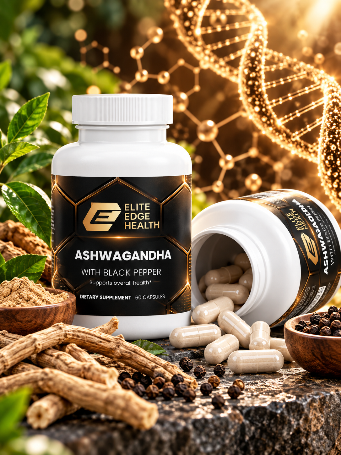Organic Ashwagandha — Adaptogenic Stress & Mood Support | Natural Cortisol Balance & Energy Formula | With Organic Black Pepper for Enhanced Absorption | Elite Edge Health