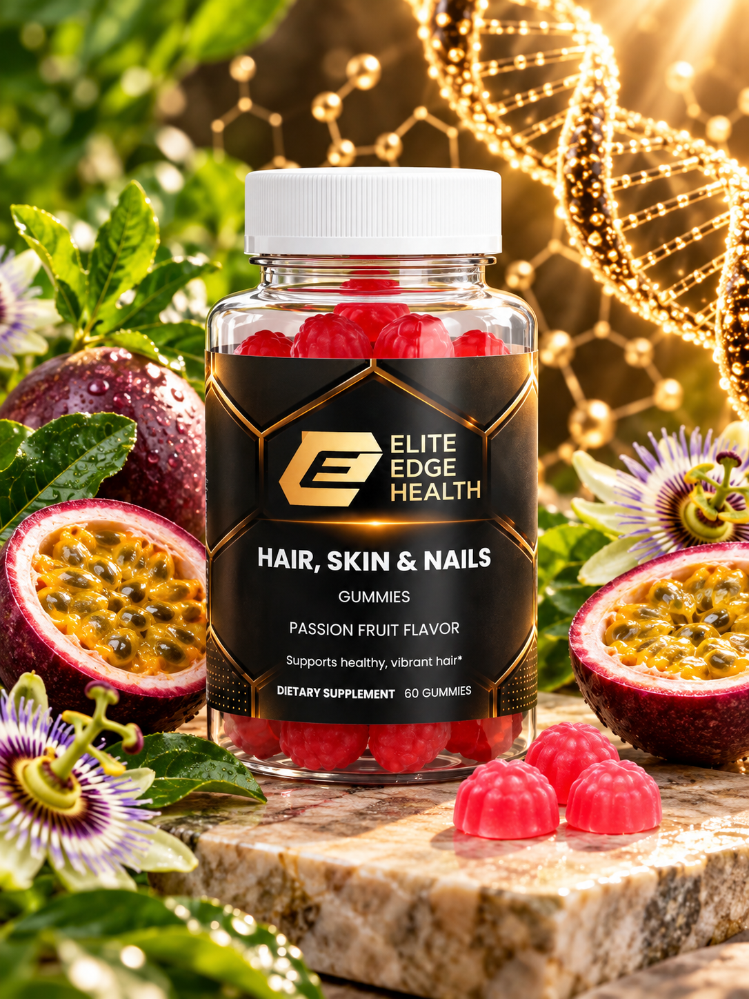 Hair, Skin & Nails Gummies — Passion Fruit Glow Formula with Biotin, Collagen & Vitamins A, C, D & E | Strengthen Hair, Radiant Skin & Healthy Nails | Elite Edge Health