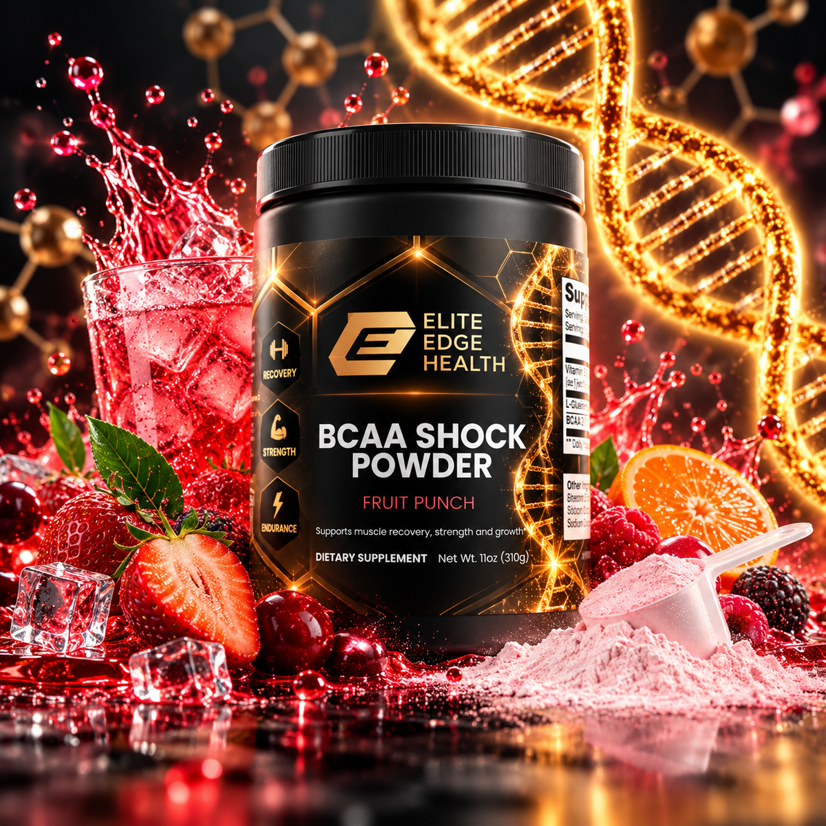 BCAA + Glutamine Post-Workout Powder — 2:1:1 Ratio | Muscle Recovery, Lean Growth & Hydration Support | Fruit Punch Flavor | Elite Edge Health