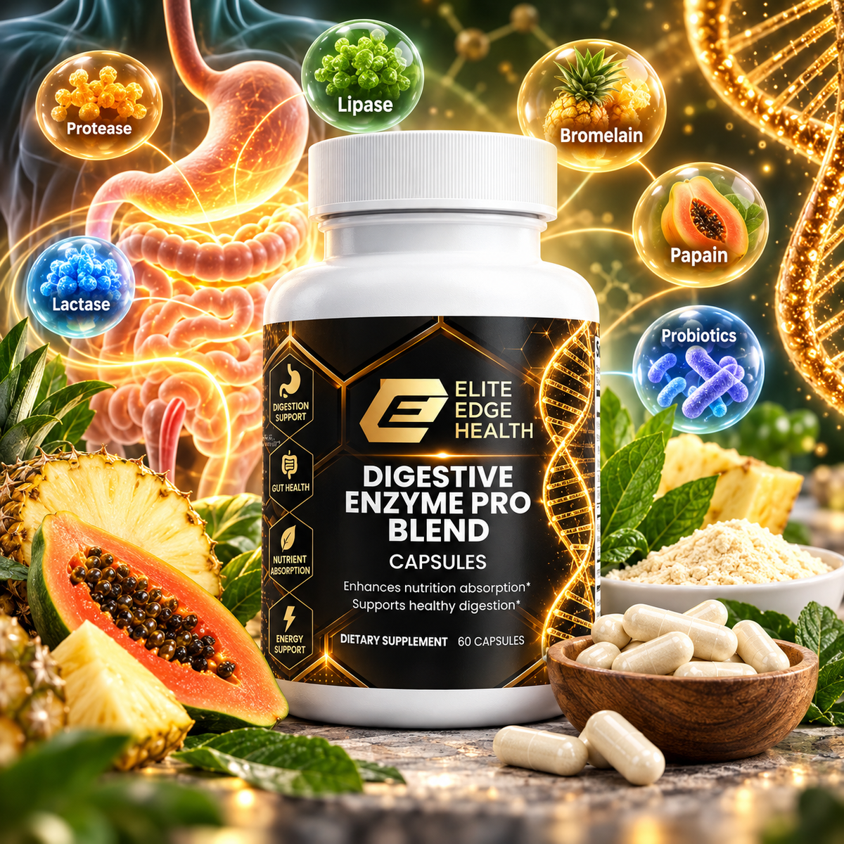 Digestive Enzyme Complex — Makzyme-Pro™ + Bromelain & Papain for Gut Health, Nutrient Absorption & Anti-Bloat Support | Elite Edge Health