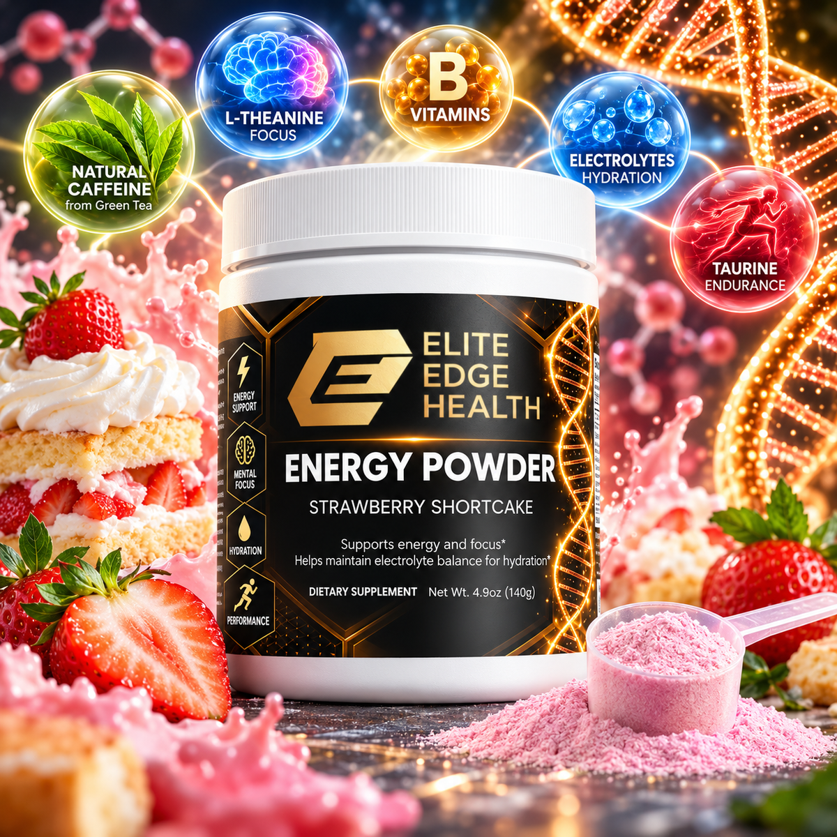 Energy Powder — Strawberry Shortcake Flavor | Clean Energy & Focus Drink Mix with Natural Caffeine, L-Theanine, Electrolytes & B-Vitamins for Smooth Energy, Hydration & Mental Clarity