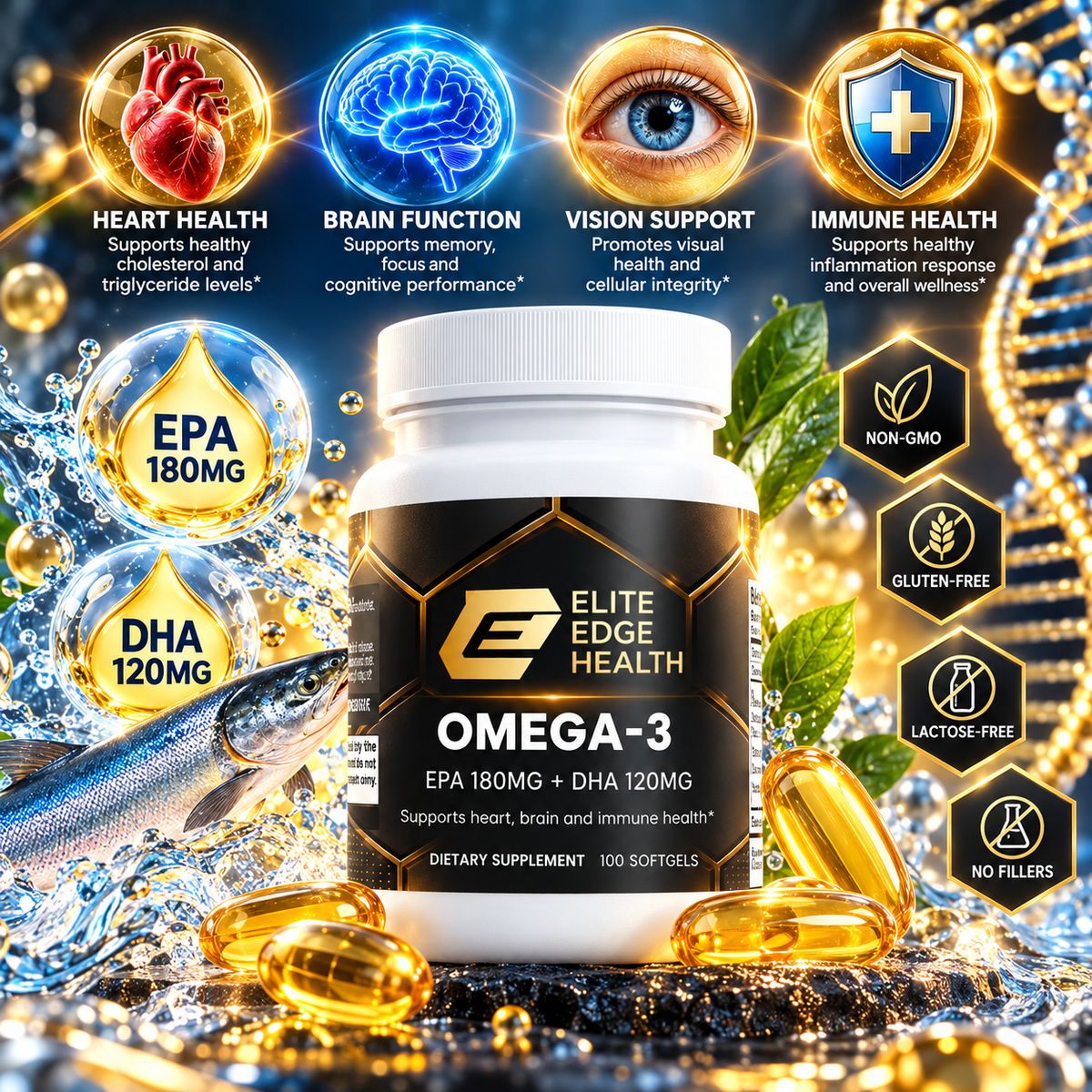 Omega-3 — Advanced EPA & DHA Softgels for Heart, Brain & Vision Support | Pure Fish Oil Concentrate | Cardiovascular & Cognitive Health | Elite Edge Health