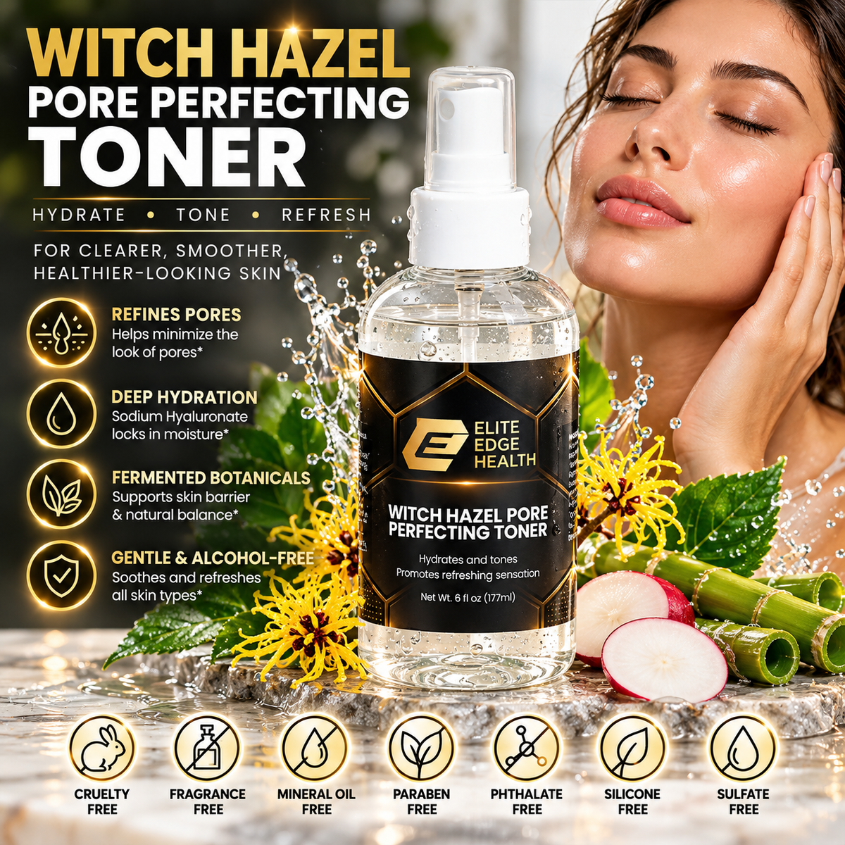 Witch Hazel Pore Perfecting Toner — Hydrating & Clarifying Facial Tonic with Sodium Hyaluronate & Fermented Botanicals | Refines Pores, Balances & Moisturizes Skin | Elite Edge Health