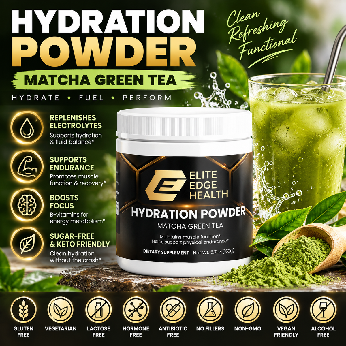 Matcha Green Tea HYDRATION — Advanced Electrolyte Drink Mix | Sugar-Free, Keto-Friendly Hydration & Endurance Support | Caffeine-Free Matcha Electrolyte Powder