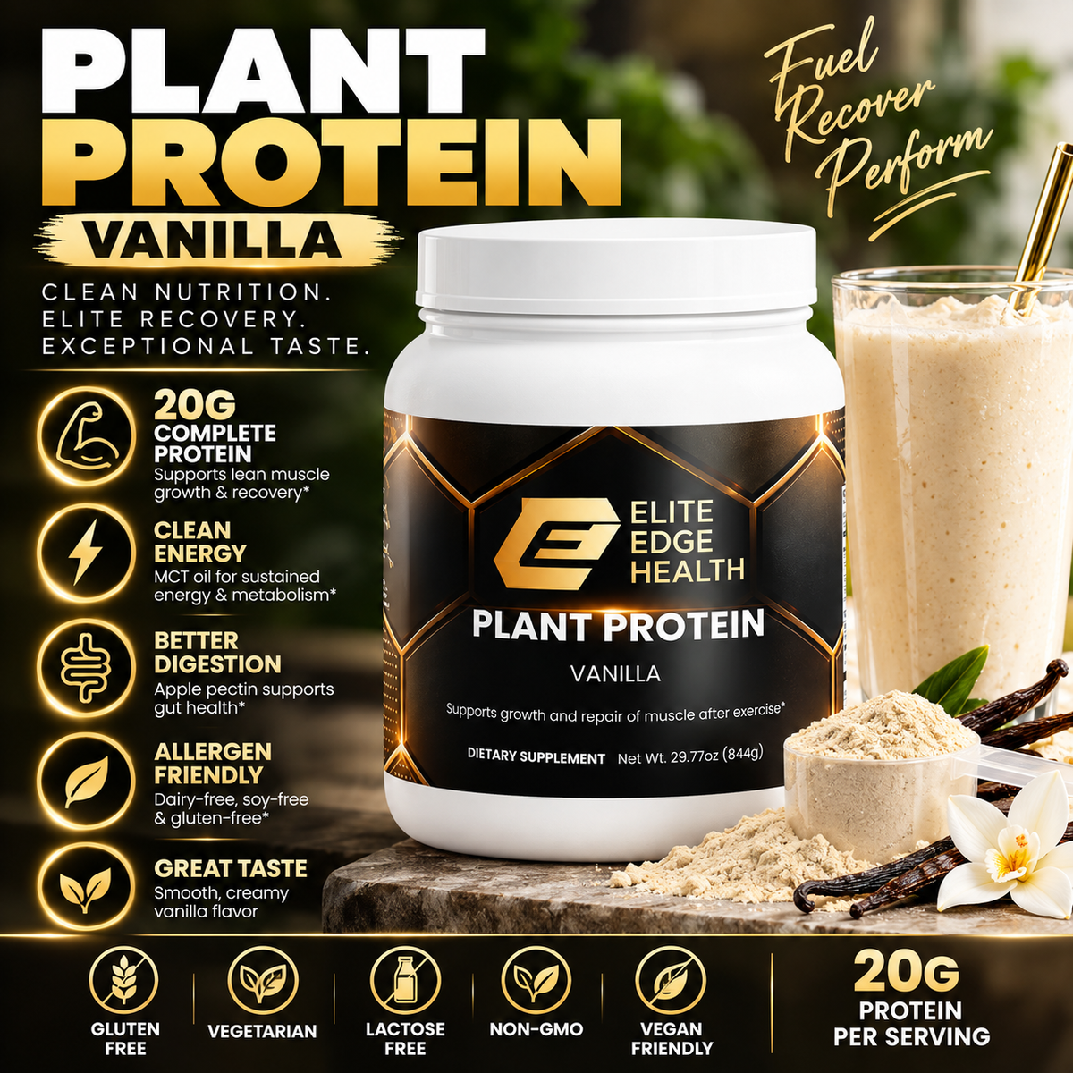 Plant Protein Powder (Vanilla) | 21g Complete Vegan Protein for Muscle Recovery, Energy & Lean Nutrition | Dairy-Free, Soy-Free, Gluten-Free | Rich Vanilla Flavor