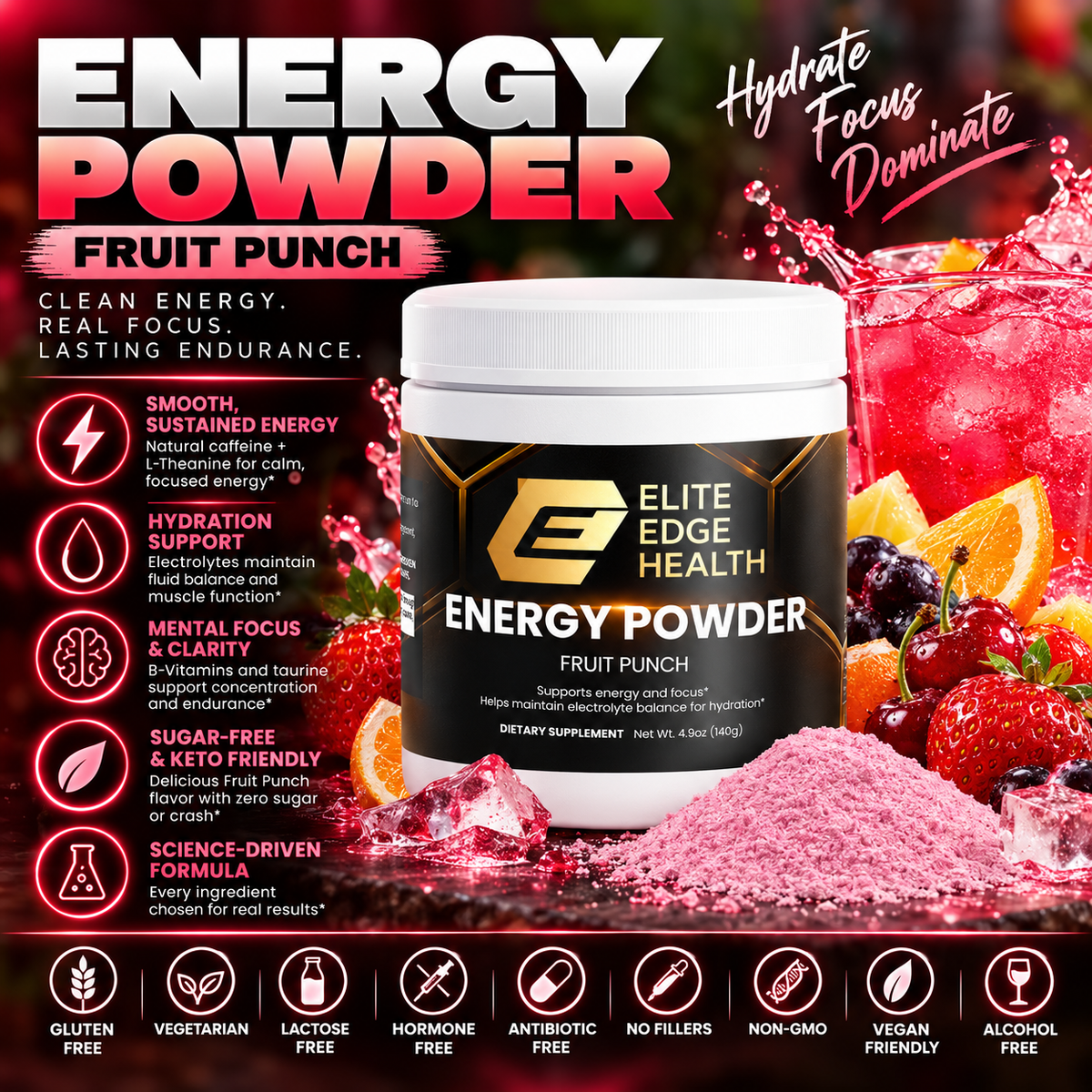 Energy Powder — Fruit Punch Flavor | Clean Energy & Focus Drink Mix with Natural Caffeine, L-Theanine, Electrolytes & B-Vitamins for Smooth Energy, Hydration & Mental Performance
