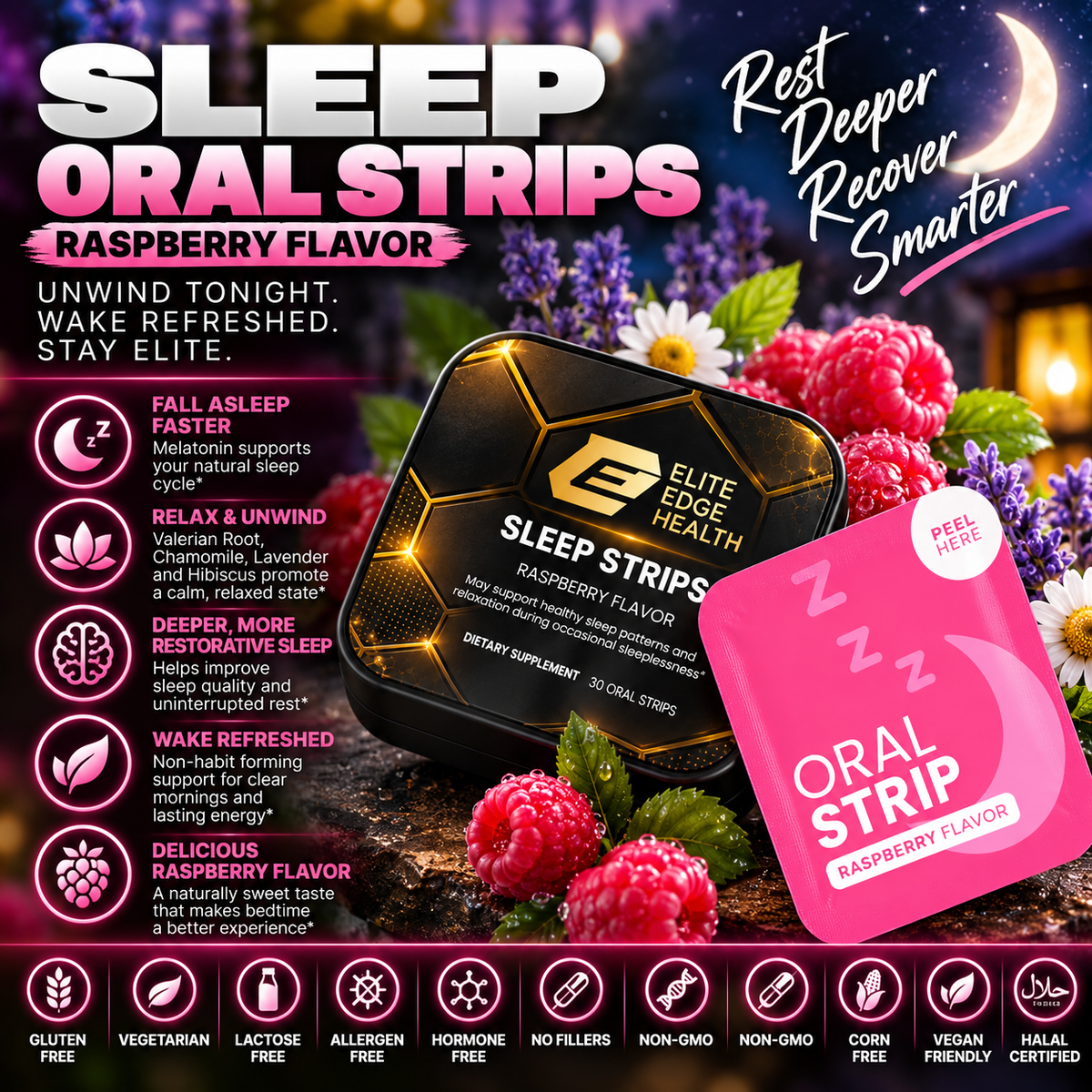 Sleep Oral Strips — Raspberry Calm & Restore Blend with Melatonin, Valerian & Chamomile | Deep Sleep & Relaxation Support | Elite Edge Health