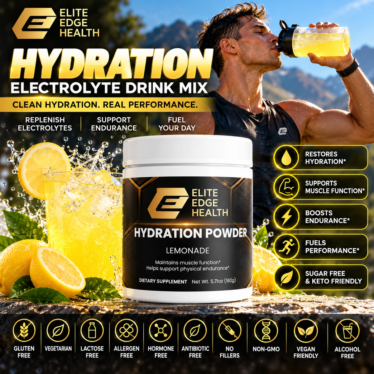 Lemonade HYDRATION — Advanced Electrolyte Drink Mix | Sugar-Free, Keto-Friendly Hydration & Endurance Support | Caffeine-Free Lemonade Flavor | Elite Edge Health