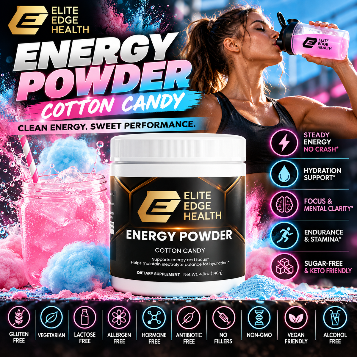 Energy Powder — Cotton Candy Flavor | Clean Energy & Focus Drink Mix with Natural Caffeine, L-Theanine, Electrolytes & B-Vitamins for Smooth Energy, Hydration & Mental Performance