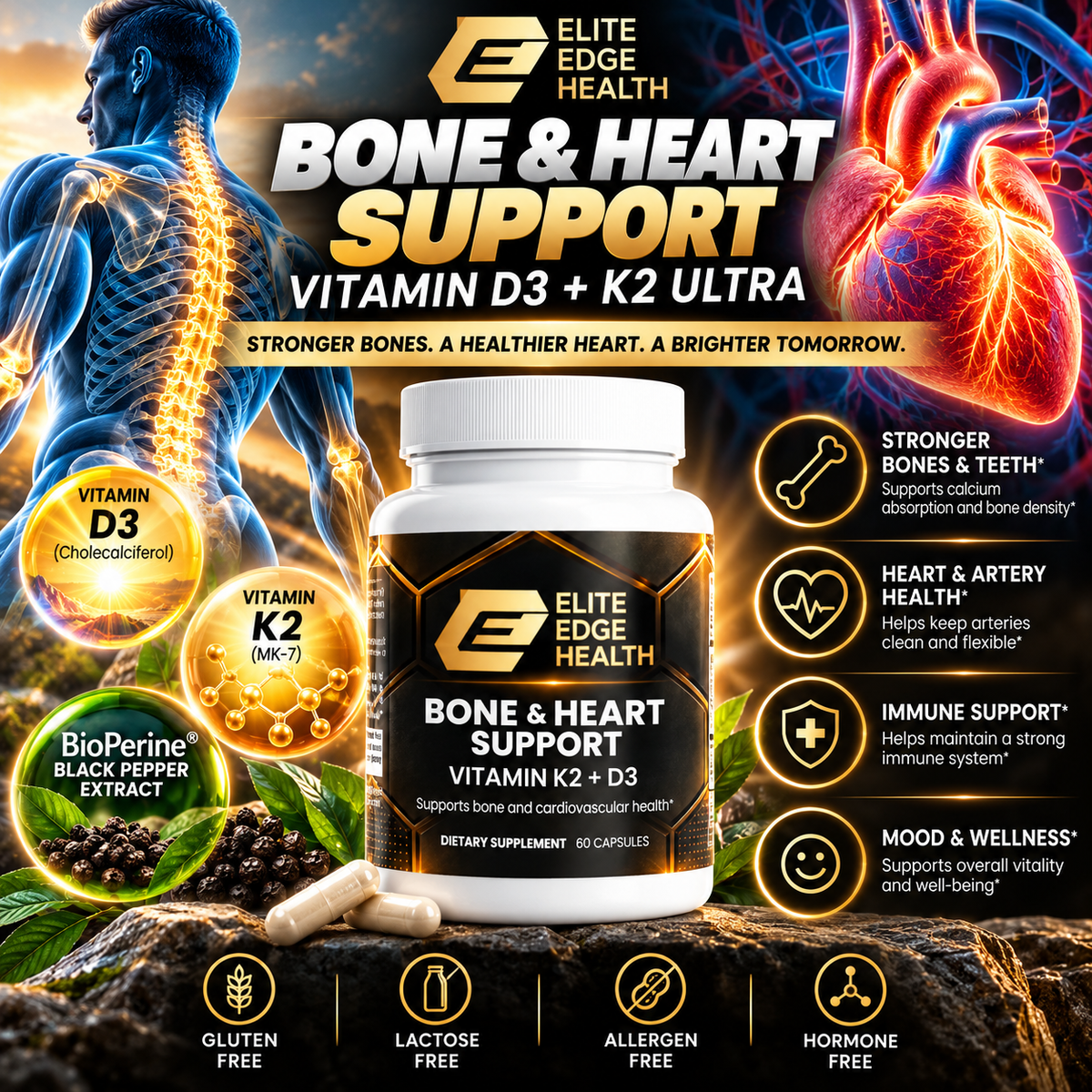 D3 + K2 Ultra — Bone, Calcium & Heart Health Support | Vitamin D3 (Cholecalciferol) + K2 (MK-7) with BioPerine® | Promotes Strong Bones & Arteries | Elite Edge Health