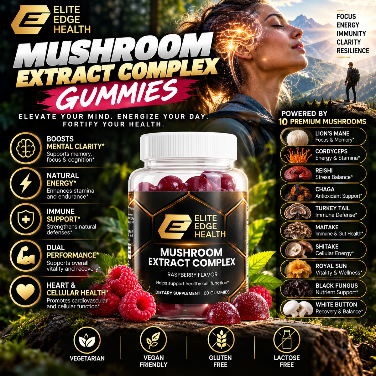 Mushroom Extract Complex Gummies (Raspberry) — Cognitive, Energy & Immunity Support | Elite Edge Health