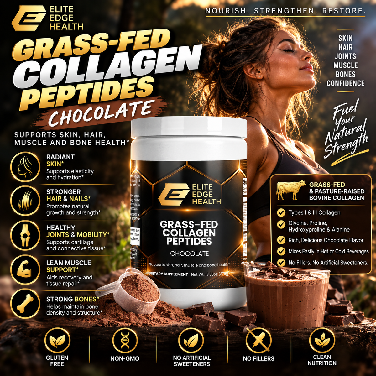 Grass-Fed Collagen Peptide Powder (Chocolate) — Skin, Joint & Muscle Support | Elite Edge Health