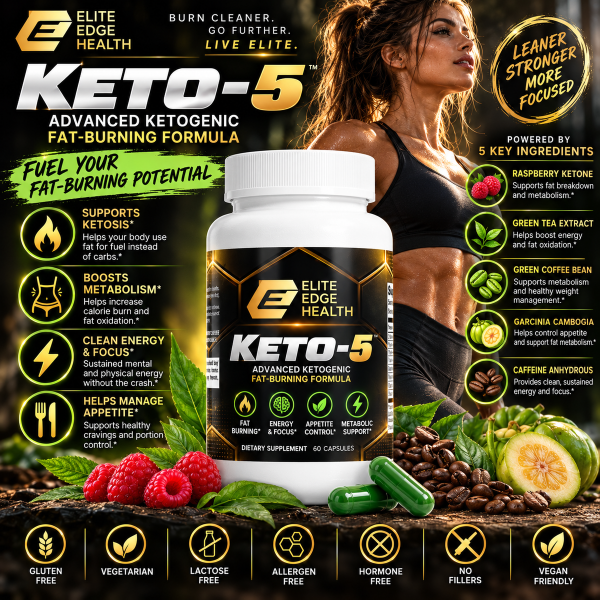 Keto-5 — Advanced Ketogenic Fat-Burning Formula with Raspberry Ketone, Green Tea & Garcinia Cambogia | Boosts Energy, Focus & Fat Metabolism | Elite Edge Health