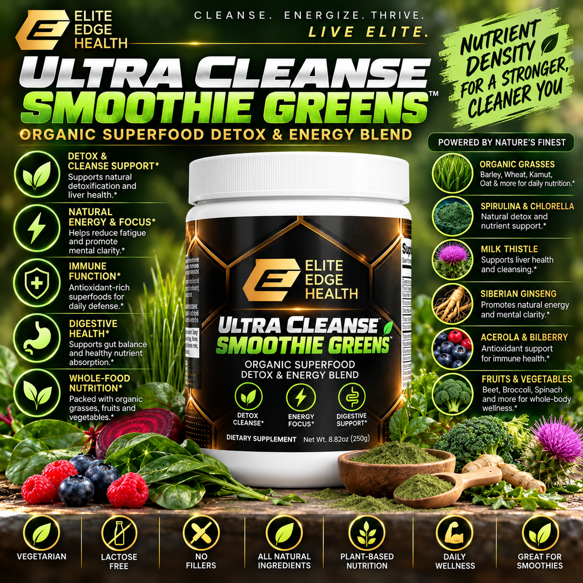 Ultra Cleanse Smoothie Greens — Organic Superfood Detox & Energy Blend | Spirulina, Chlorella, Milk Thistle & Ginseng | Whole-Food Greens Powder for Digestion, Immunity & Vitality | Elite Edge Health