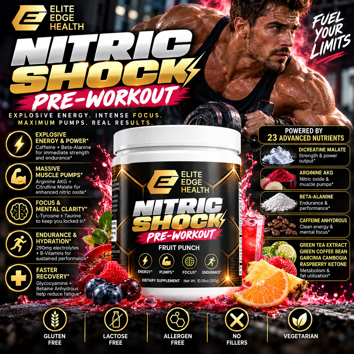 Nitric Shock — Explosive Fruit Punch Pre-Workout | 23-Nutrient Strength, Pump & Focus Formula | Arginine AKG, Beta-Alanine, Caffeine & B-Vitamin Complex | Elite Edge Biotech
