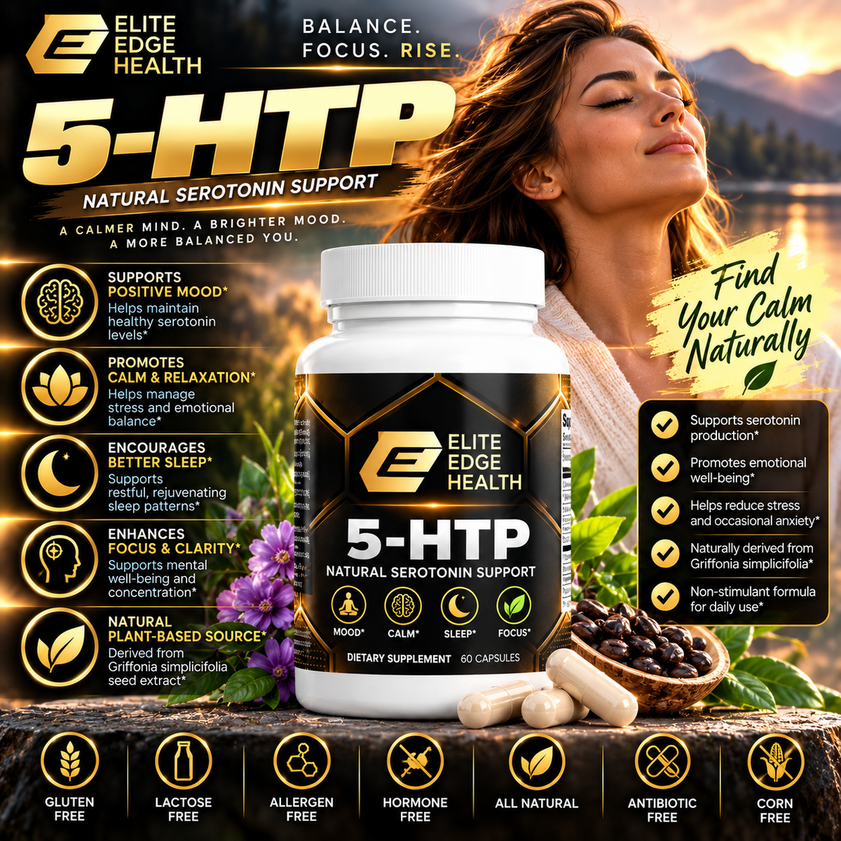 5-HTP Mood Support | Natural Serotonin Booster for Calm, Relaxation & Sleep | Griffonia Seed Extract with Calcium for Emotional Balance & Stress Relief