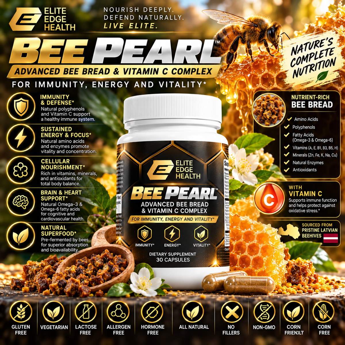 Bee Pearl — Advanced Bee Bread & Vitamin C Superfood Complex | Natural Energy, Immunity & Vitality Support | Antioxidant & Nutrient-Rich Formula | Elite Edge Health