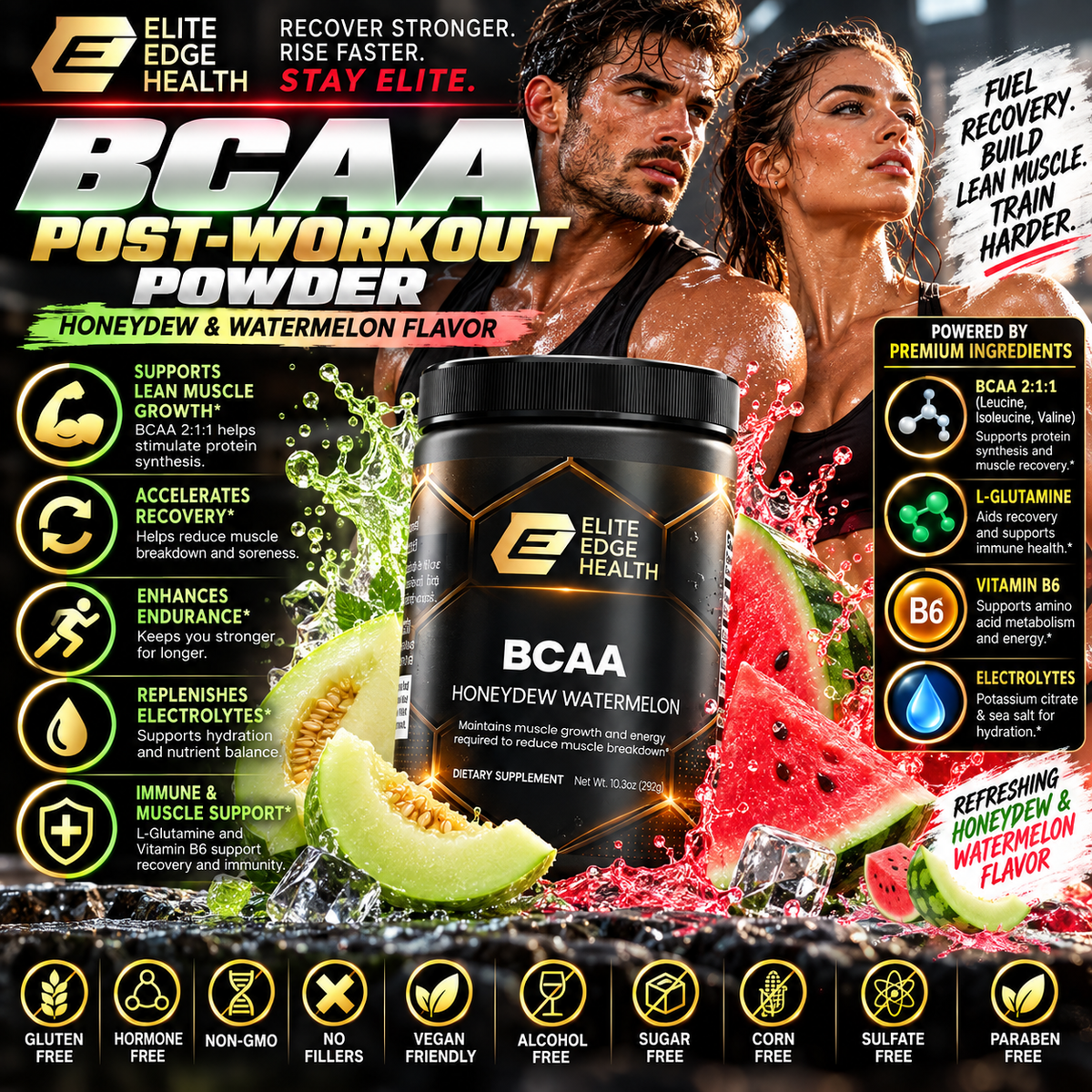 BCAA Post-Workout Powder (Honeydew/Watermelon) — Lean Muscle Recovery & Performance Blend | Elite Edge Health