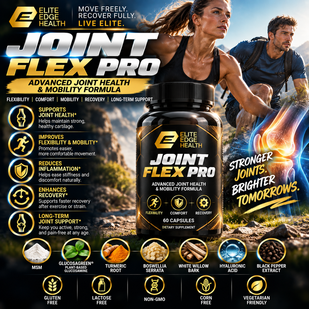 Joint Flex Pro — Advanced Joint Health & Mobility Support | GlucosaGreen® Glucosamine, MSM, Turmeric & Boswellia Serrata | Cartilage Repair & Anti-Inflammatory Formula | Elite Edge Health