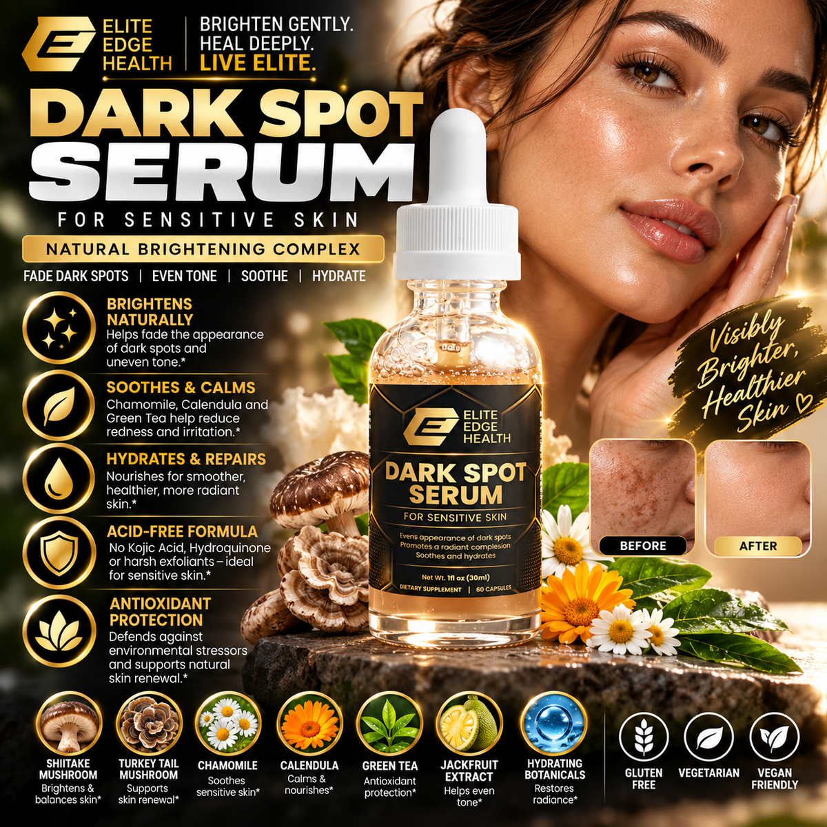 Dark Spot Serum — Sensitive Skin Brightening Complex with Adaptogenic Mushrooms, Chamomile & Green Tea | Even Tone & Hydration Without Harsh Acids | Elite Edge Health