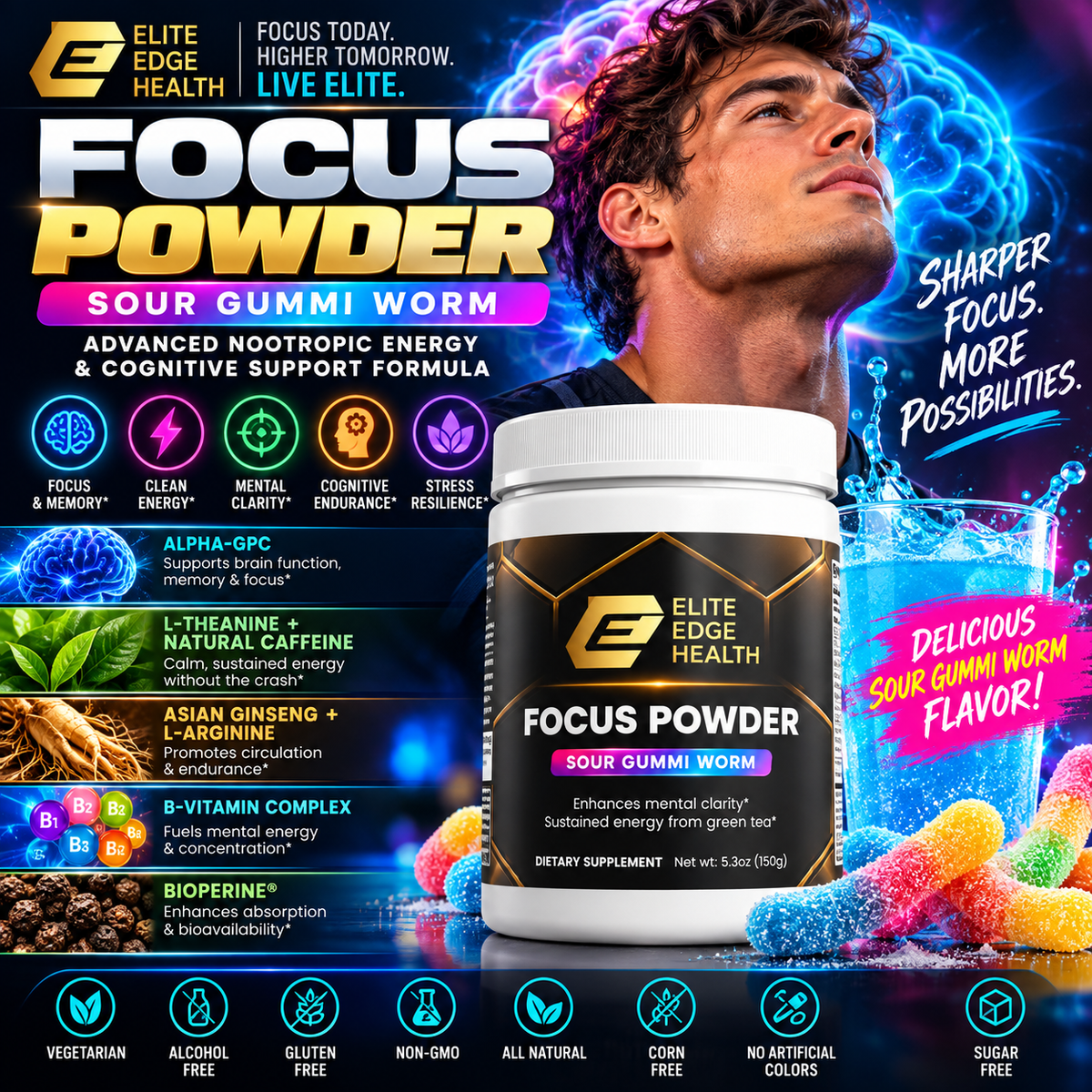 Focus Powder — Sour Gummy Worm Flavor | Nootropic Energy & Cognitive Support Drink Mix with Alpha-GPC, L-Theanine, Natural Caffeine & B-Vitamins for Focus, Memory & Mental Clarity