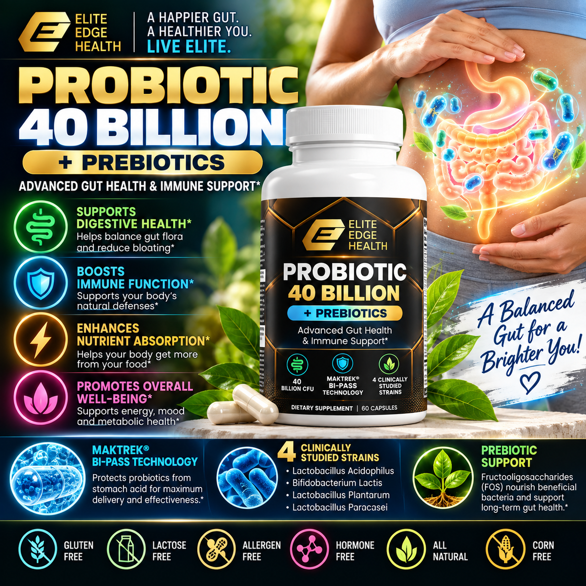 Probiotic 40 Billion + Prebiotics — MAKTREK® Bi-Pass Technology | 4-Strain Digestive & Immune Support for Men & Women | Advanced Gut Health & Microbiome Balance | Elite Edge Health