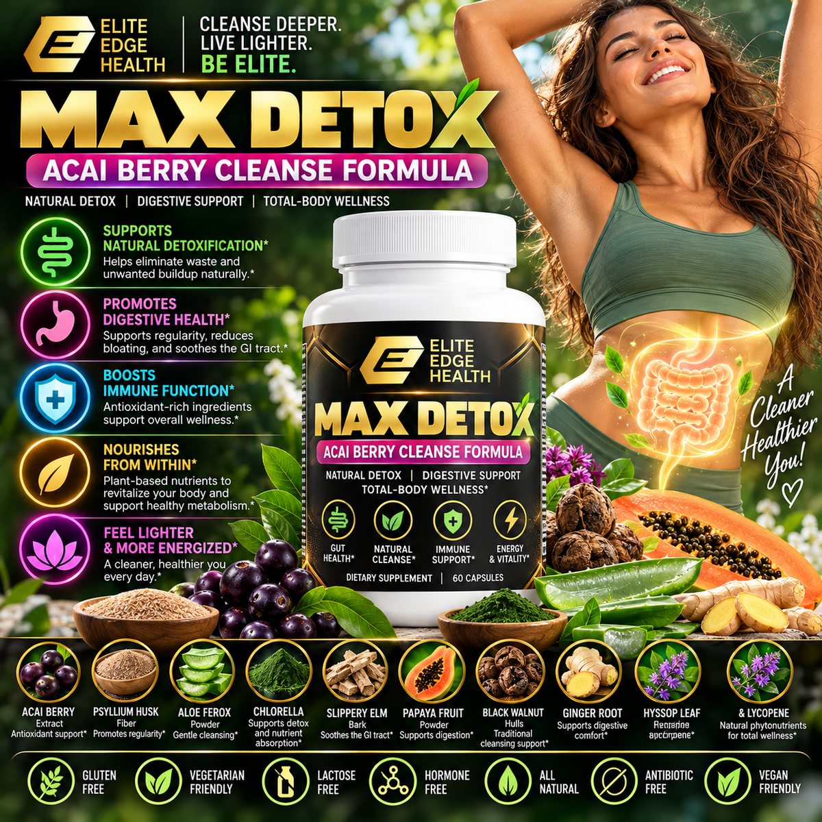 Max Detox — Acai Berry Cleanse Formula with Psyllium, Chlorella & Aloe Ferox for Gut Health & Daily Detox Support | Elite Edge Health
